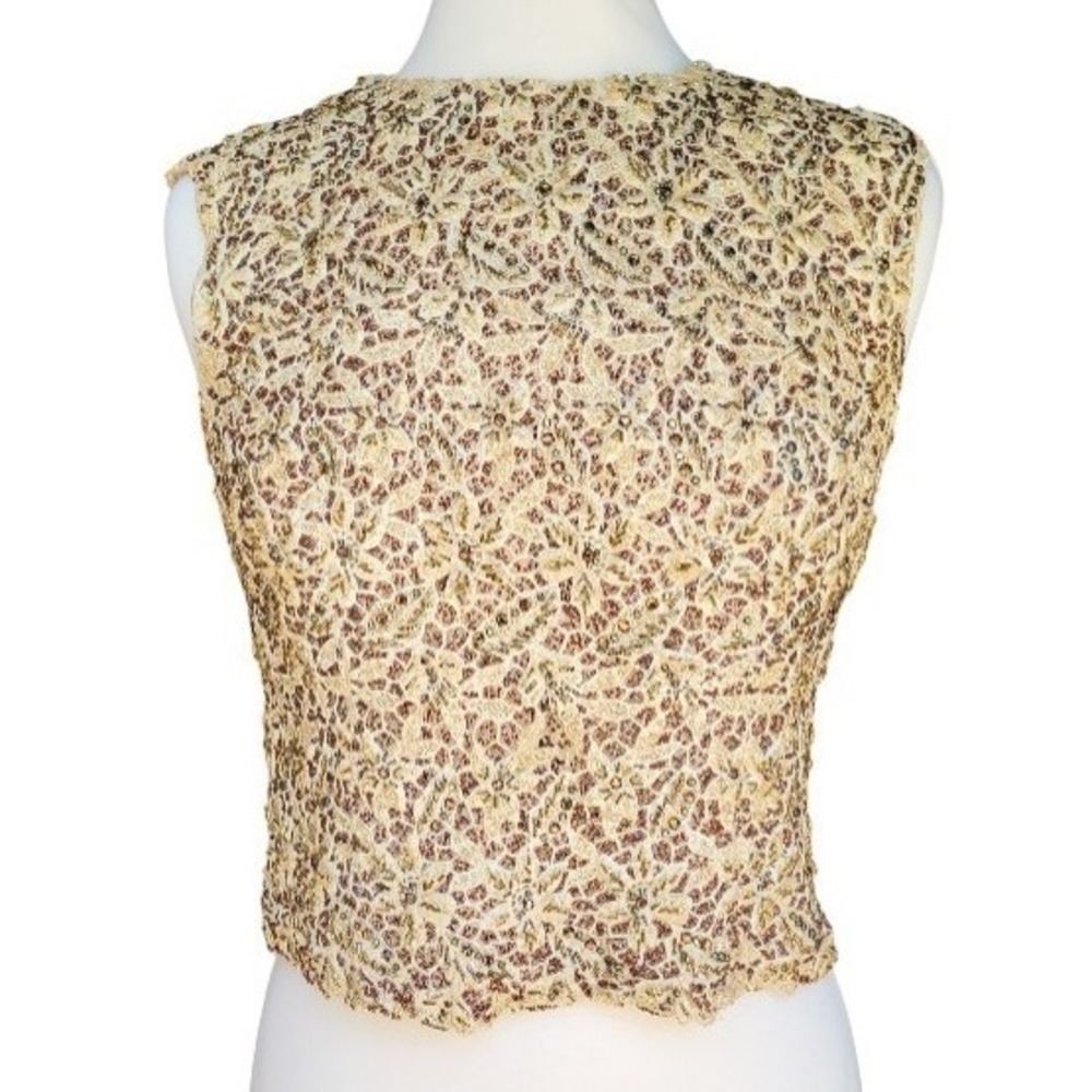 Hand Beaded Antique Vintage Evening Sleeveless Beige, Tan, Brown, Floral Top - 4